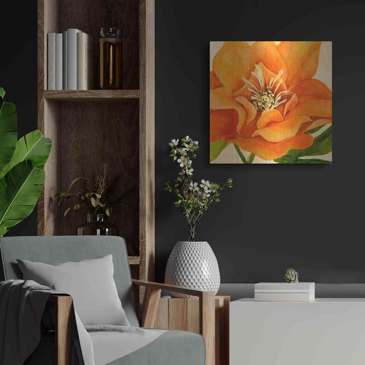 'Copper Petals II' by Annie Warren – Metal Wall Art, 24x24 room view