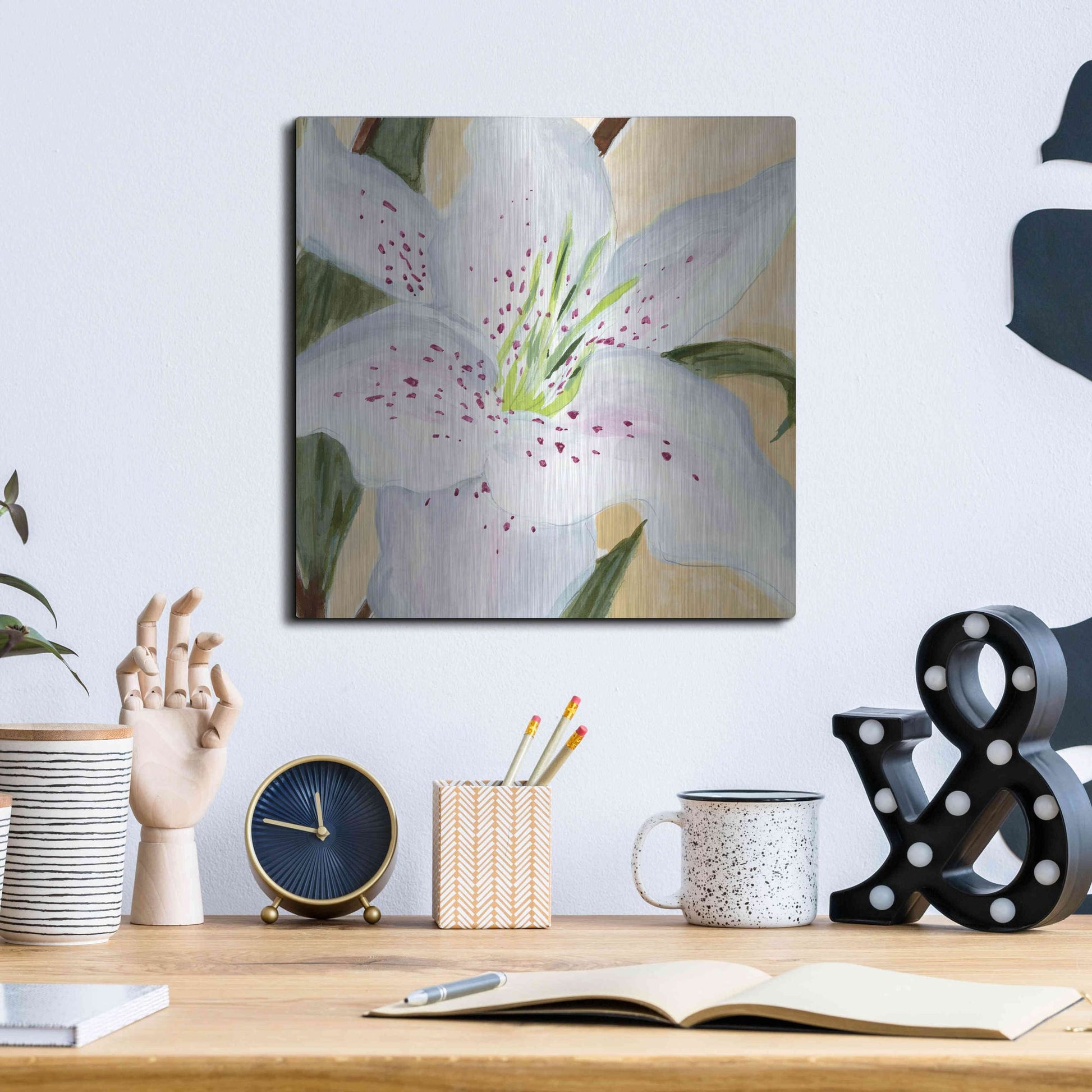 Luxe Metal Art 'White Lily I' by Annie Warren, Metal Wall Art,12x12