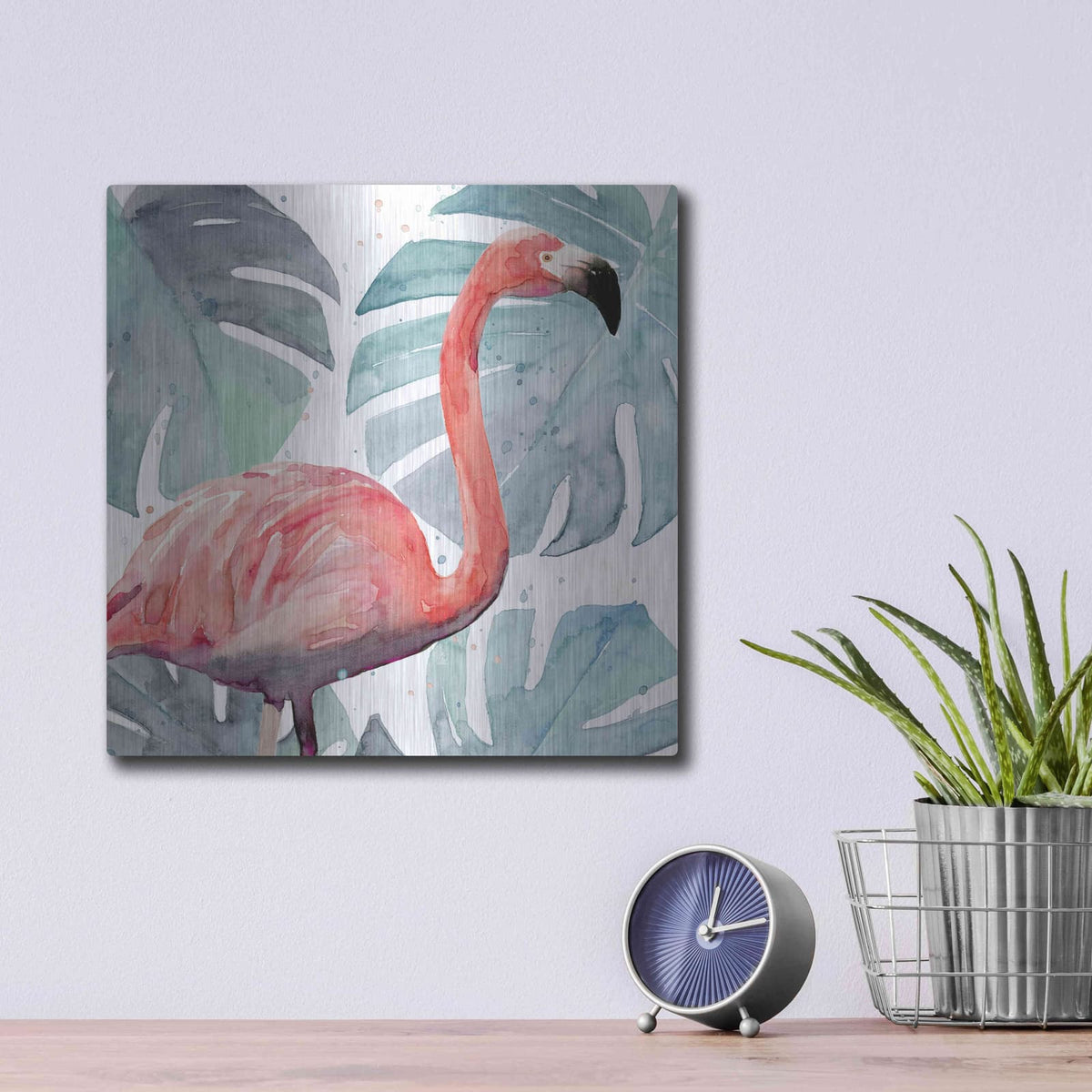 'Flamingo Splash I' by Annie Warren – Metal Wall Art, 12x12 room view