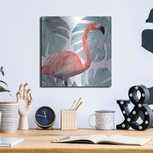 Luxe Metal Art 'Flamingo Splash I' by Annie Warren, Metal Wall Art,12x12