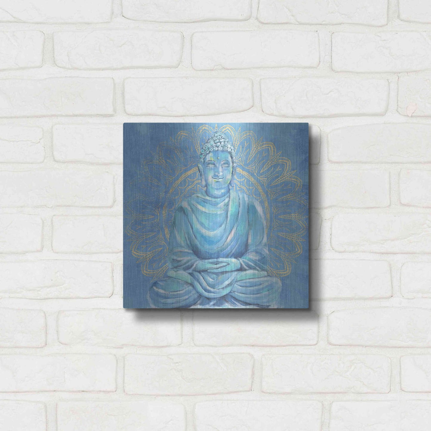 Luxe Metal Art 'Buddha on Blue I' by Annie Warren, Metal Wall Art,12x12