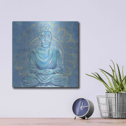 Luxe Metal Art 'Buddha on Blue I' by Annie Warren, Metal Wall Art,12x12