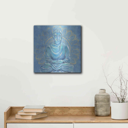 Luxe Metal Art 'Buddha on Blue I' by Annie Warren, Metal Wall Art,12x12