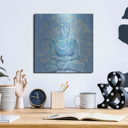 Luxe Metal Art 'Buddha on Blue I' by Annie Warren, Metal Wall Art,12x12