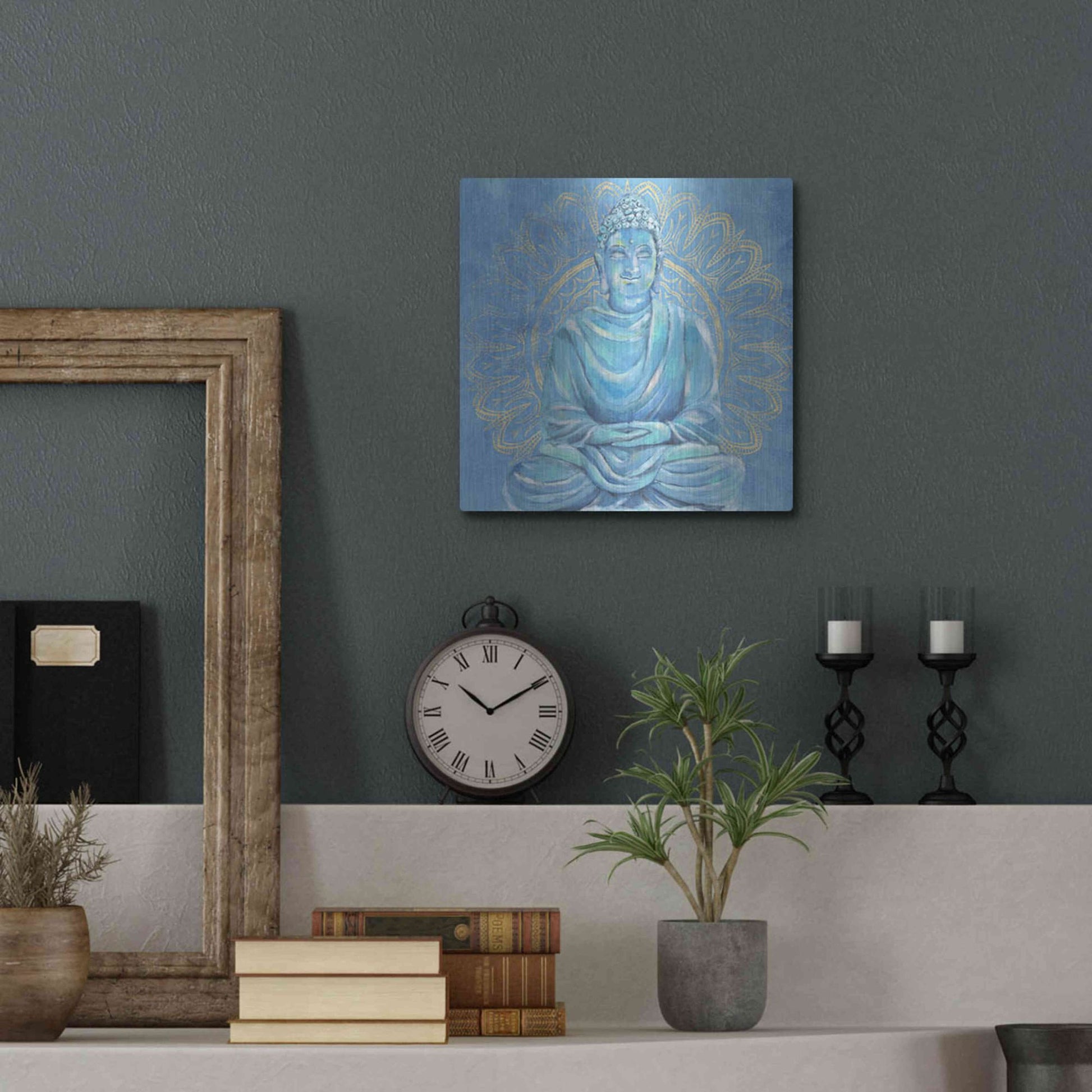 Luxe Metal Art 'Buddha on Blue I' by Annie Warren, Metal Wall Art,12x12