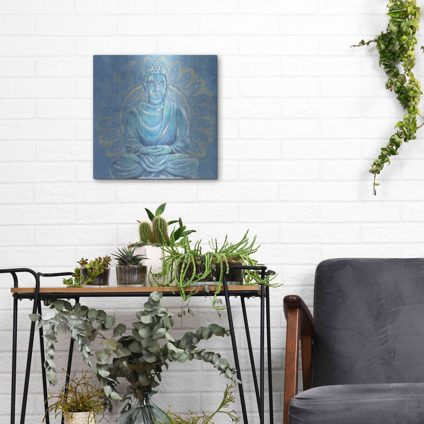 Luxe Metal Art 'Buddha on Blue I' by Annie Warren, Metal Wall Art,12x12