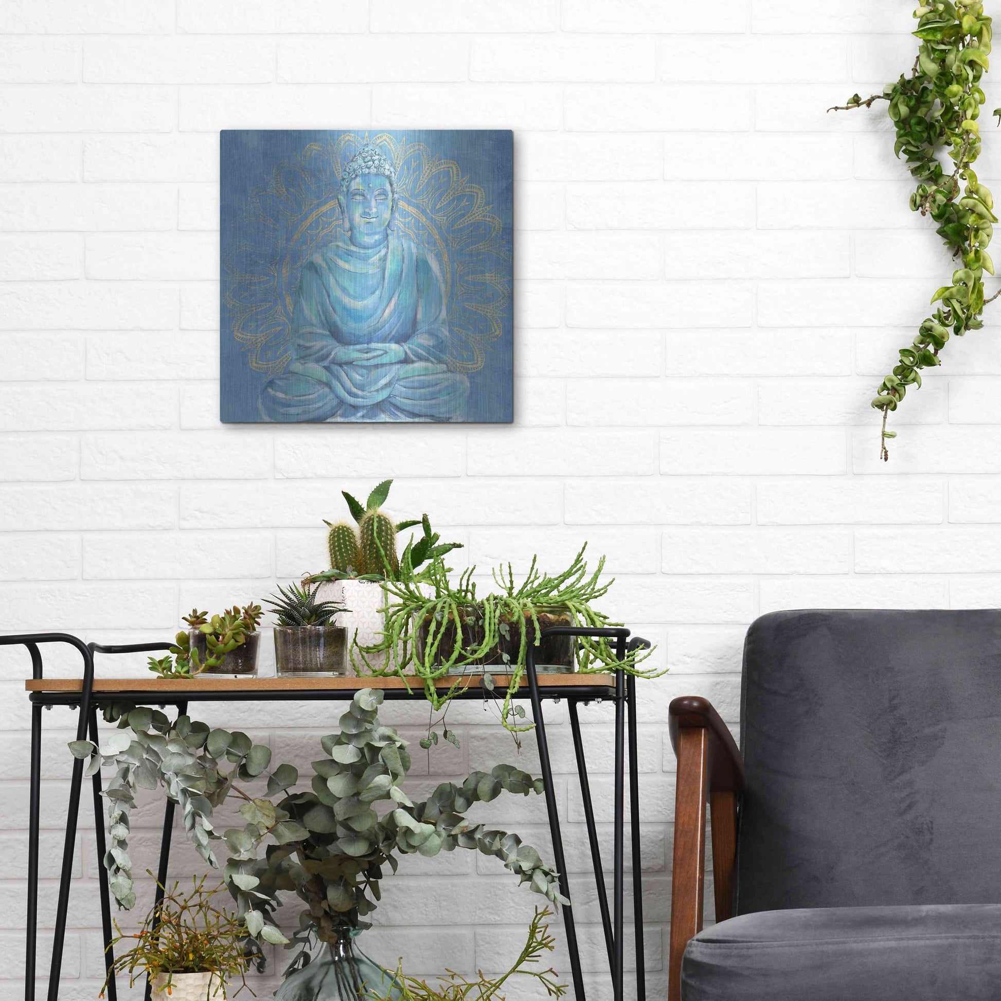 Luxe Metal Art 'Buddha on Blue I' by Annie Warren, Metal Wall Art,12x12