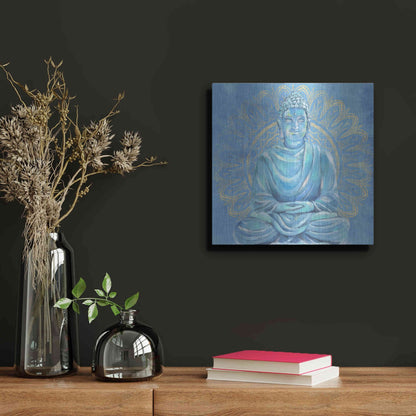 Luxe Metal Art 'Buddha on Blue I' by Annie Warren, Metal Wall Art,12x12