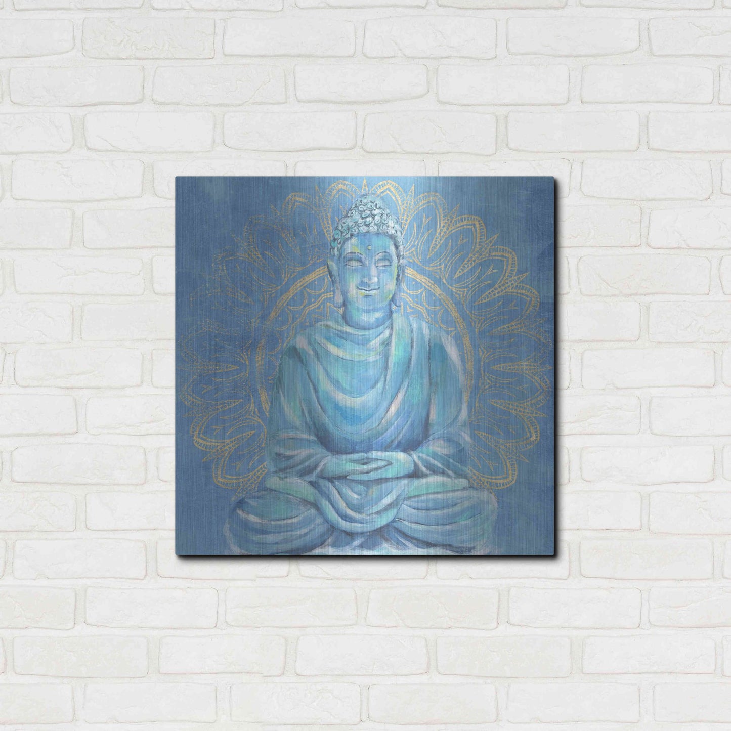 Luxe Metal Art 'Buddha on Blue I' by Annie Warren, Metal Wall Art,24x24