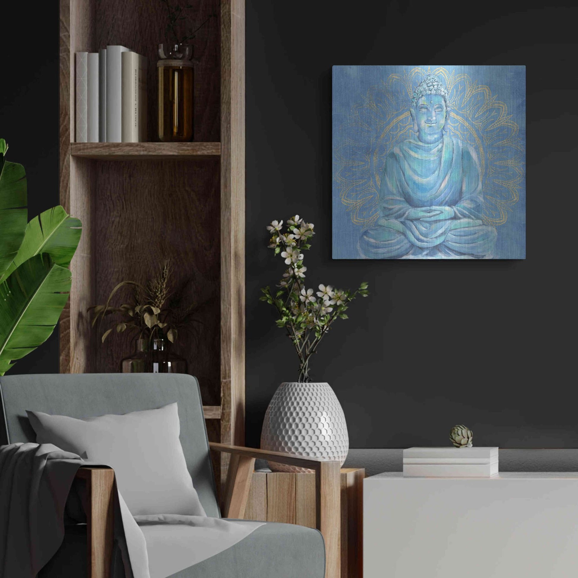 Luxe Metal Art 'Buddha on Blue I' by Annie Warren, Metal Wall Art,24x24