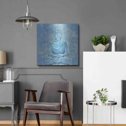 Luxe Metal Art 'Buddha on Blue I' by Annie Warren, Metal Wall Art,24x24