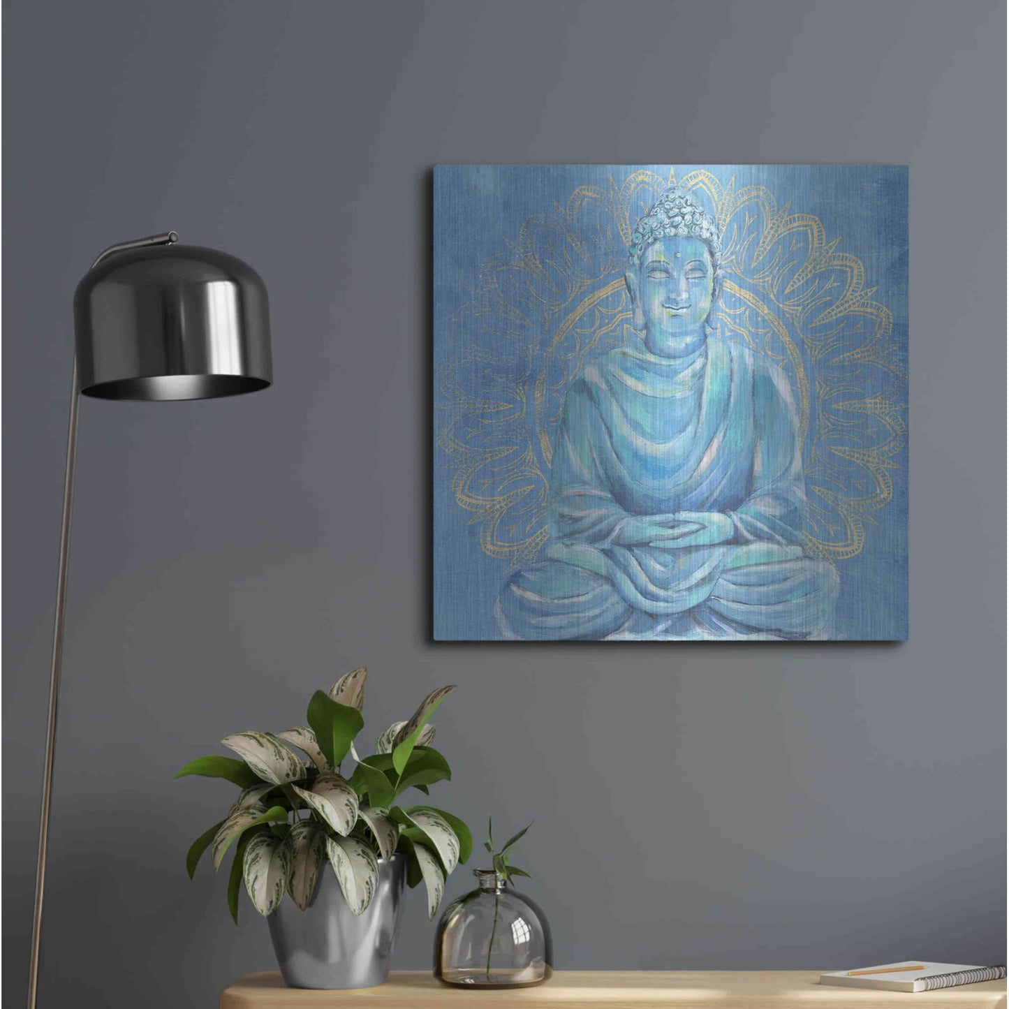 Luxe Metal Art 'Buddha on Blue I' by Annie Warren, Metal Wall Art,24x24