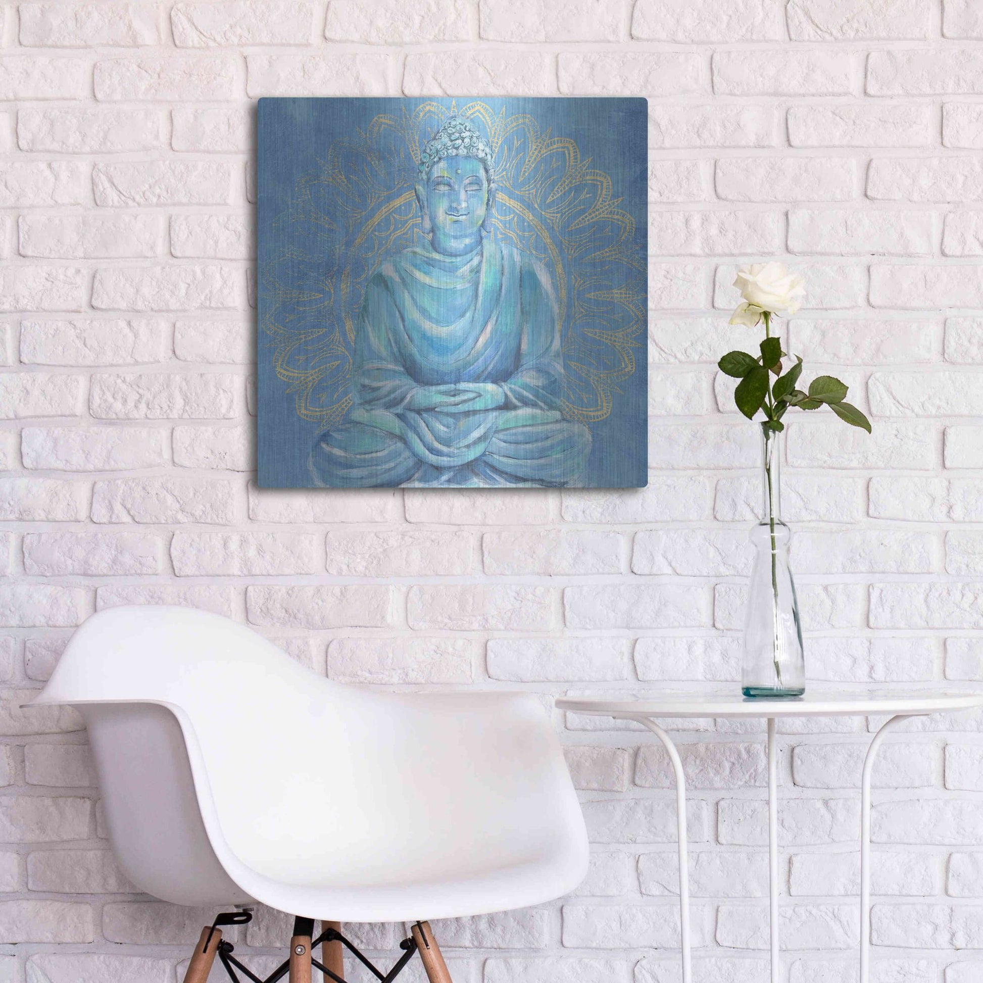 Luxe Metal Art 'Buddha on Blue I' by Annie Warren, Metal Wall Art,24x24