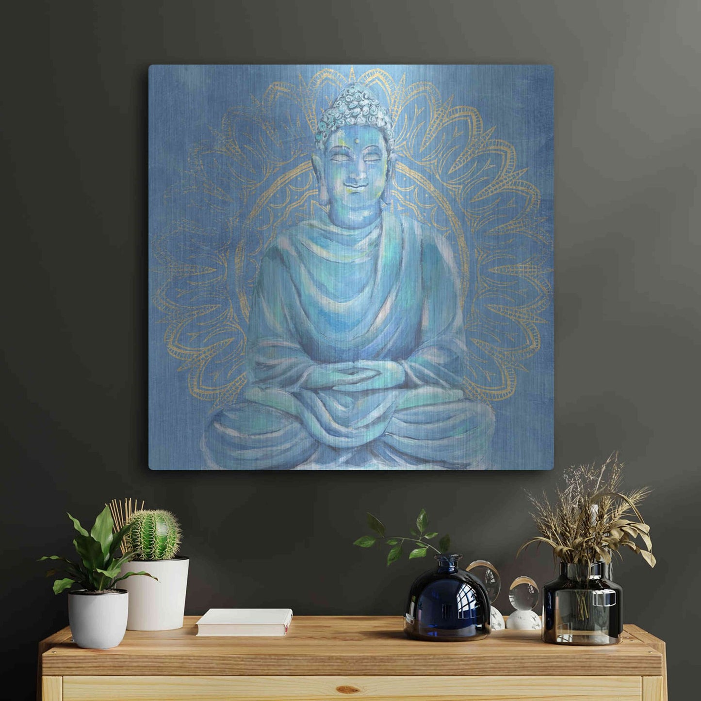 Luxe Metal Art 'Buddha on Blue I' by Annie Warren, Metal Wall Art,24x24