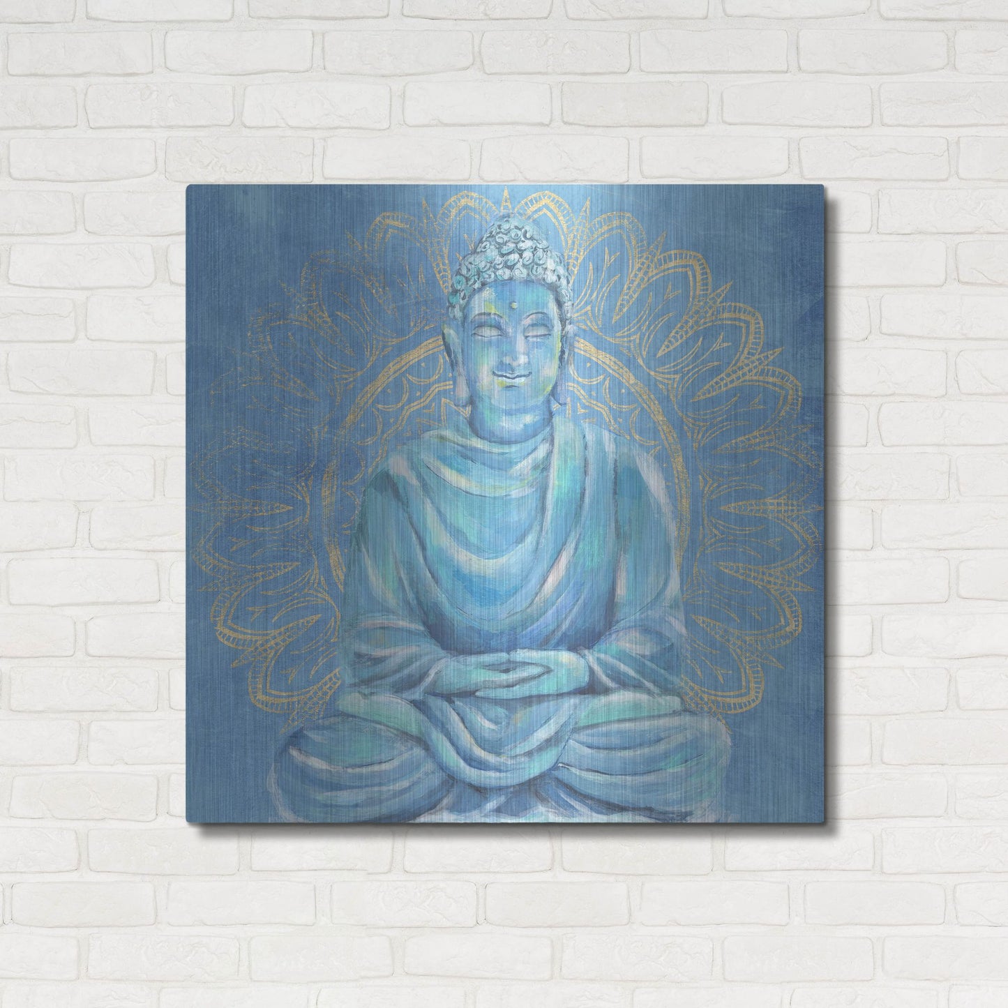 Luxe Metal Art 'Buddha on Blue I' by Annie Warren, Metal Wall Art,36x36