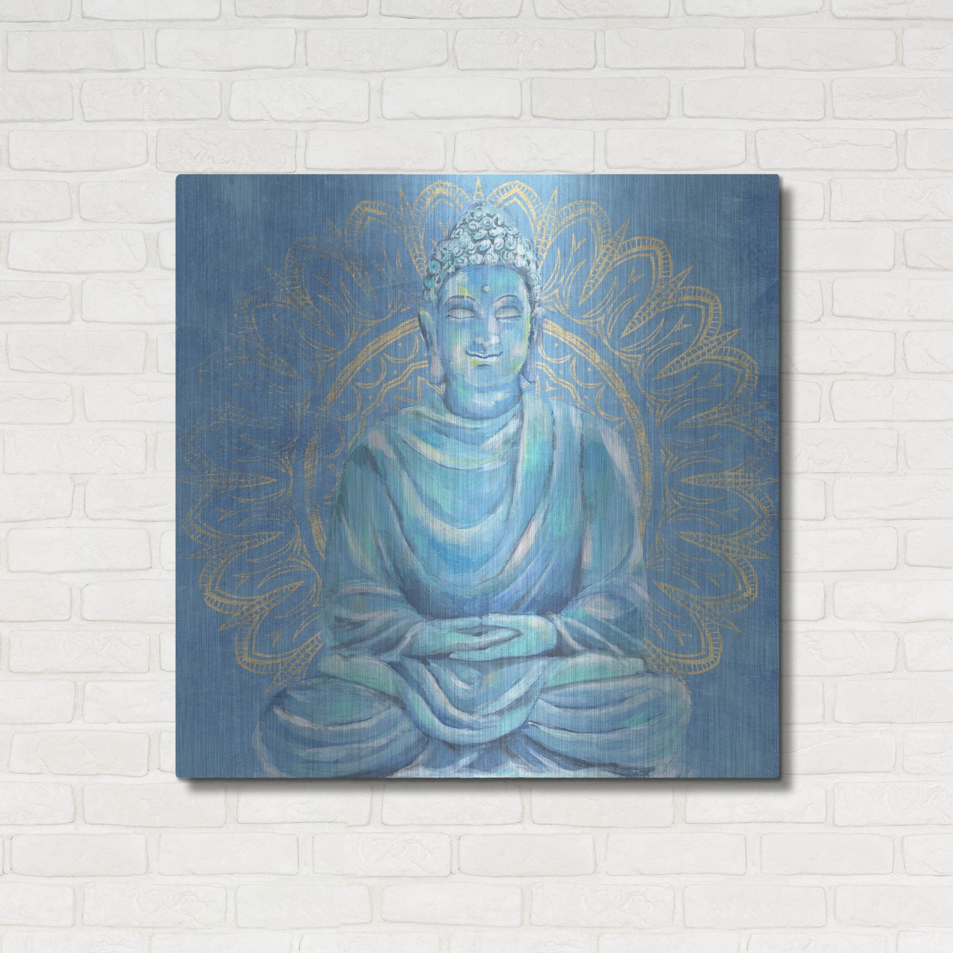 Luxe Metal Art 'Buddha on Blue I' by Annie Warren, Metal Wall Art,36x36