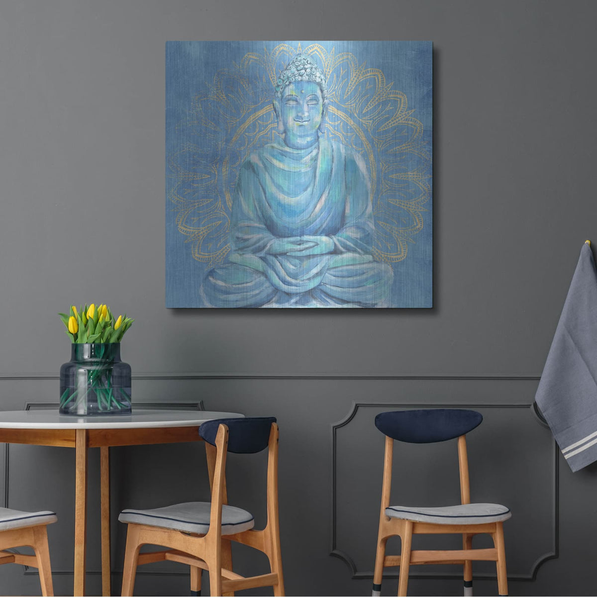 'Buddha on Blue I' by Annie Warren – Metal Wall Art, 36x36 room view