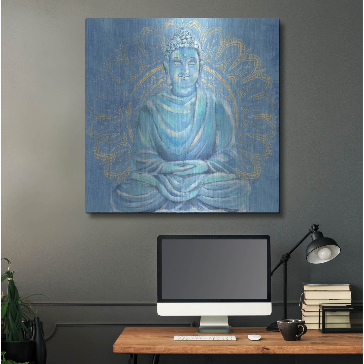 Luxe Metal Art 'Buddha on Blue I' by Annie Warren, Metal Wall Art,36x36