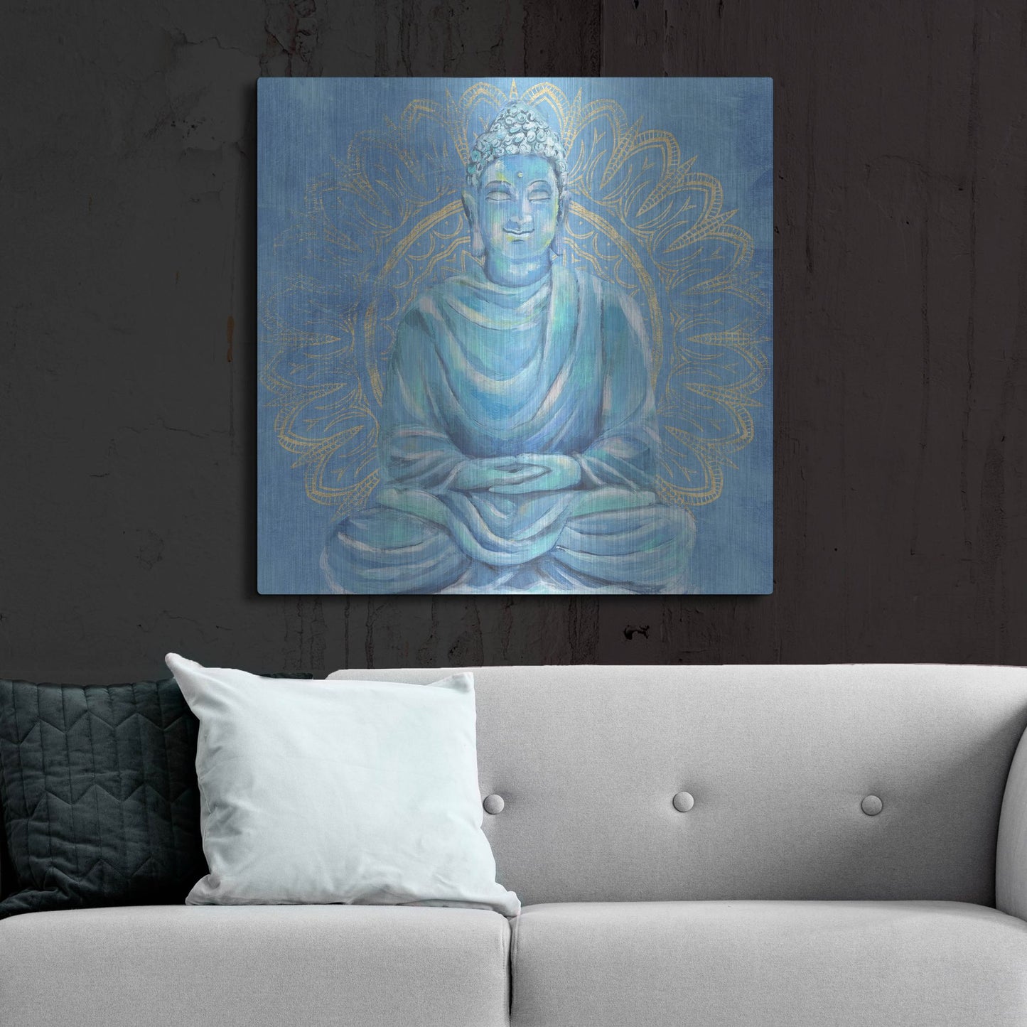 Luxe Metal Art 'Buddha on Blue I' by Annie Warren, Metal Wall Art,36x36