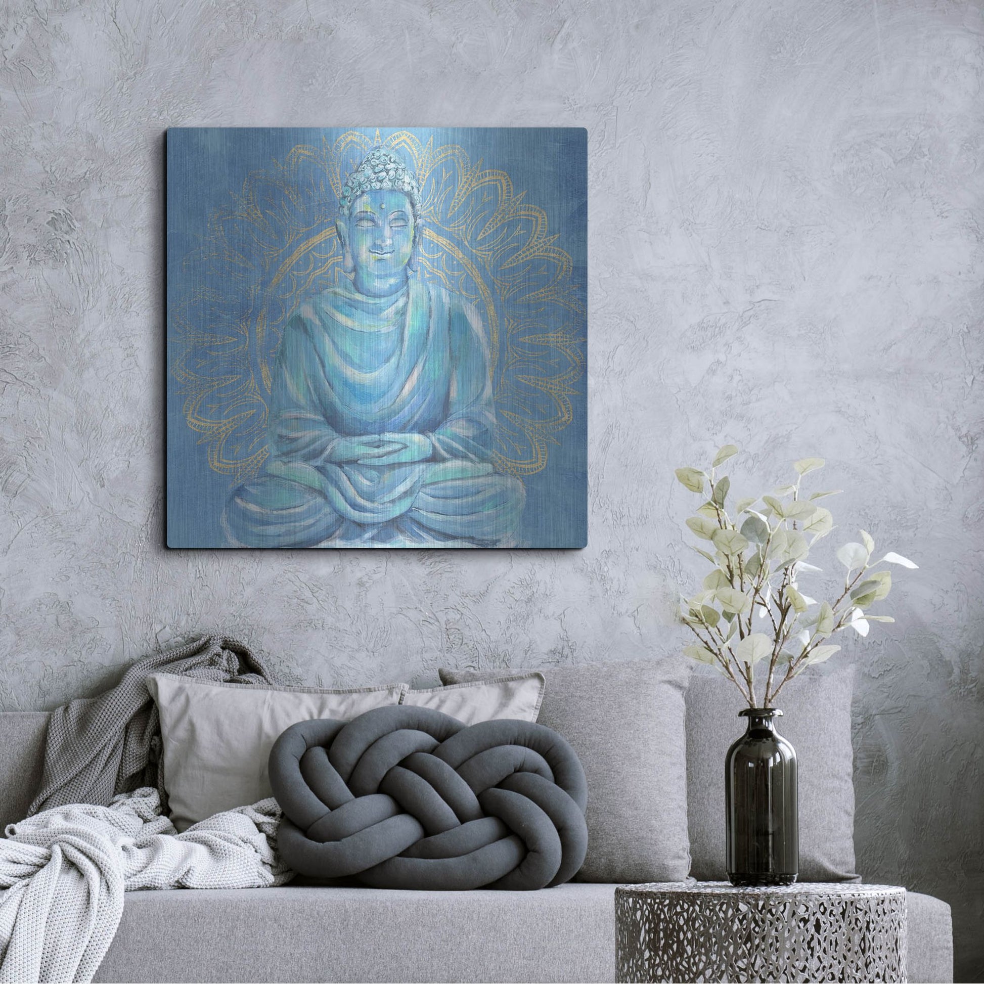 Luxe Metal Art 'Buddha on Blue I' by Annie Warren, Metal Wall Art,36x36