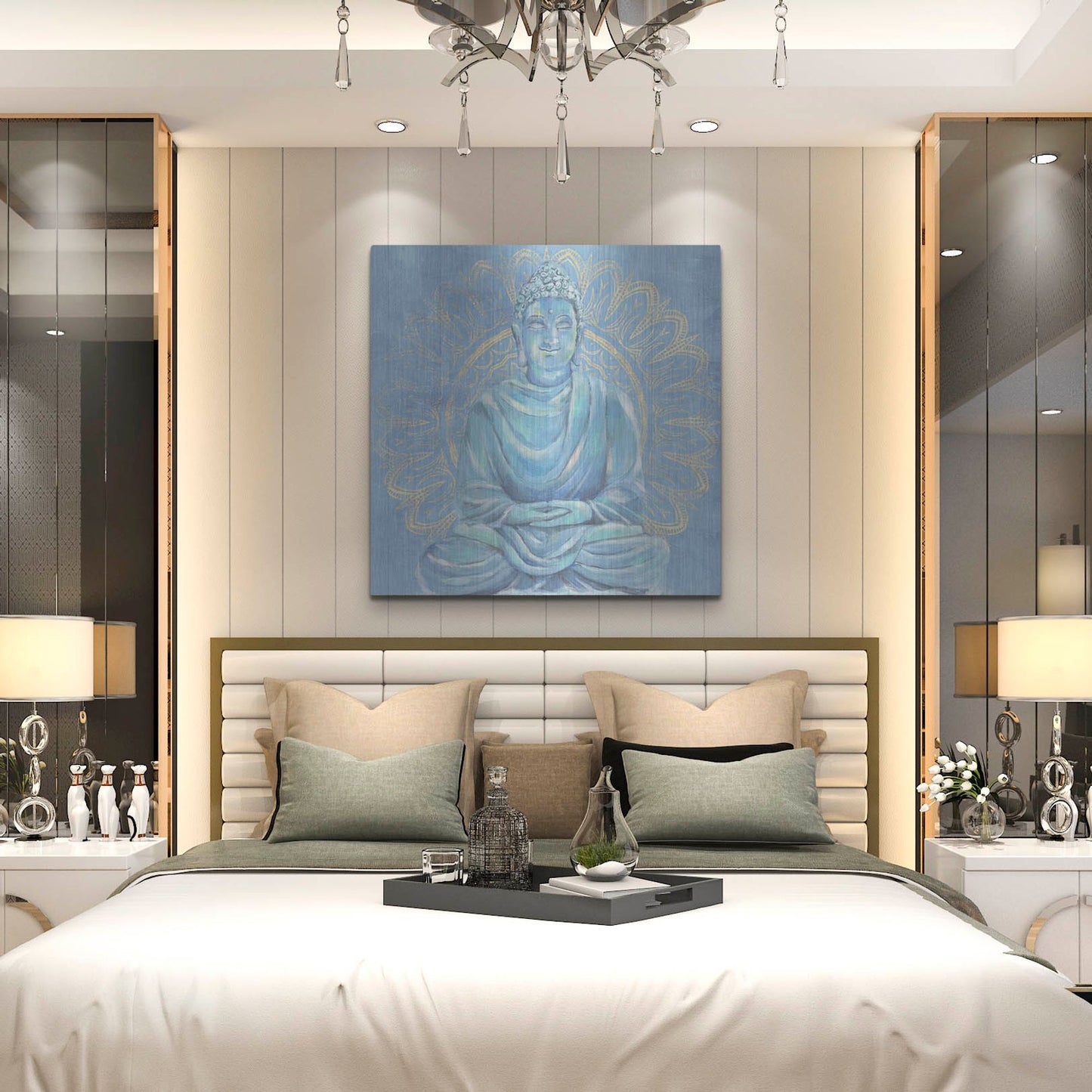 Luxe Metal Art 'Buddha on Blue I' by Annie Warren, Metal Wall Art,36x36