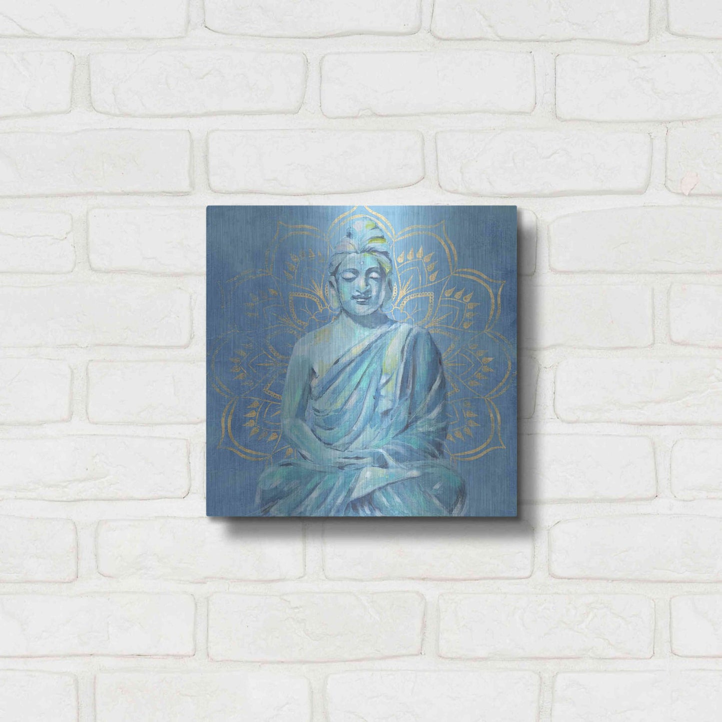 Luxe Metal Art 'Buddha on Blue II' by Annie Warren, Metal Wall Art,12x12