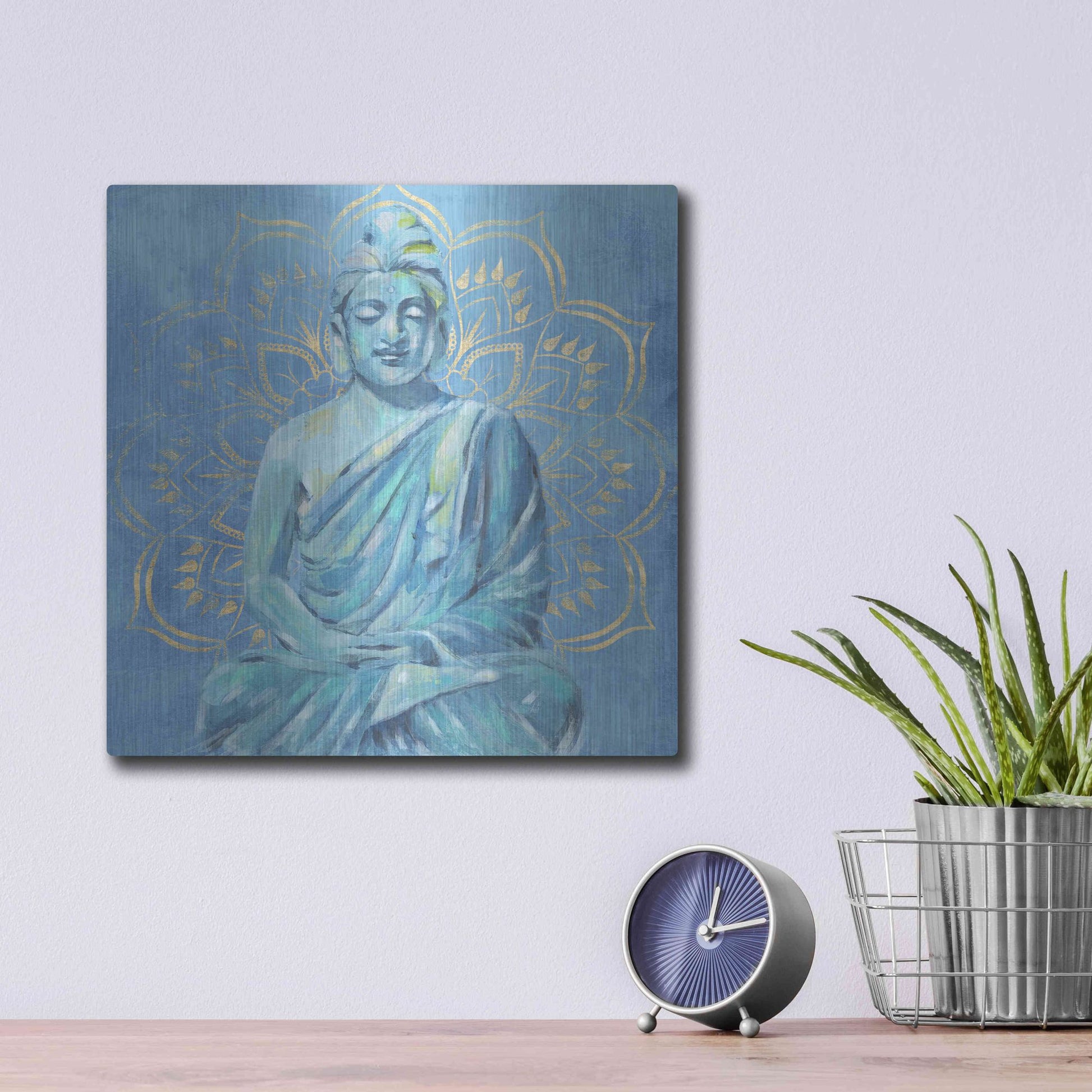 Luxe Metal Art 'Buddha on Blue II' by Annie Warren, Metal Wall Art,12x12