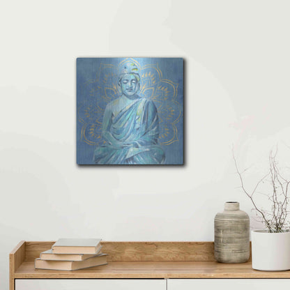 Luxe Metal Art 'Buddha on Blue II' by Annie Warren, Metal Wall Art,12x12