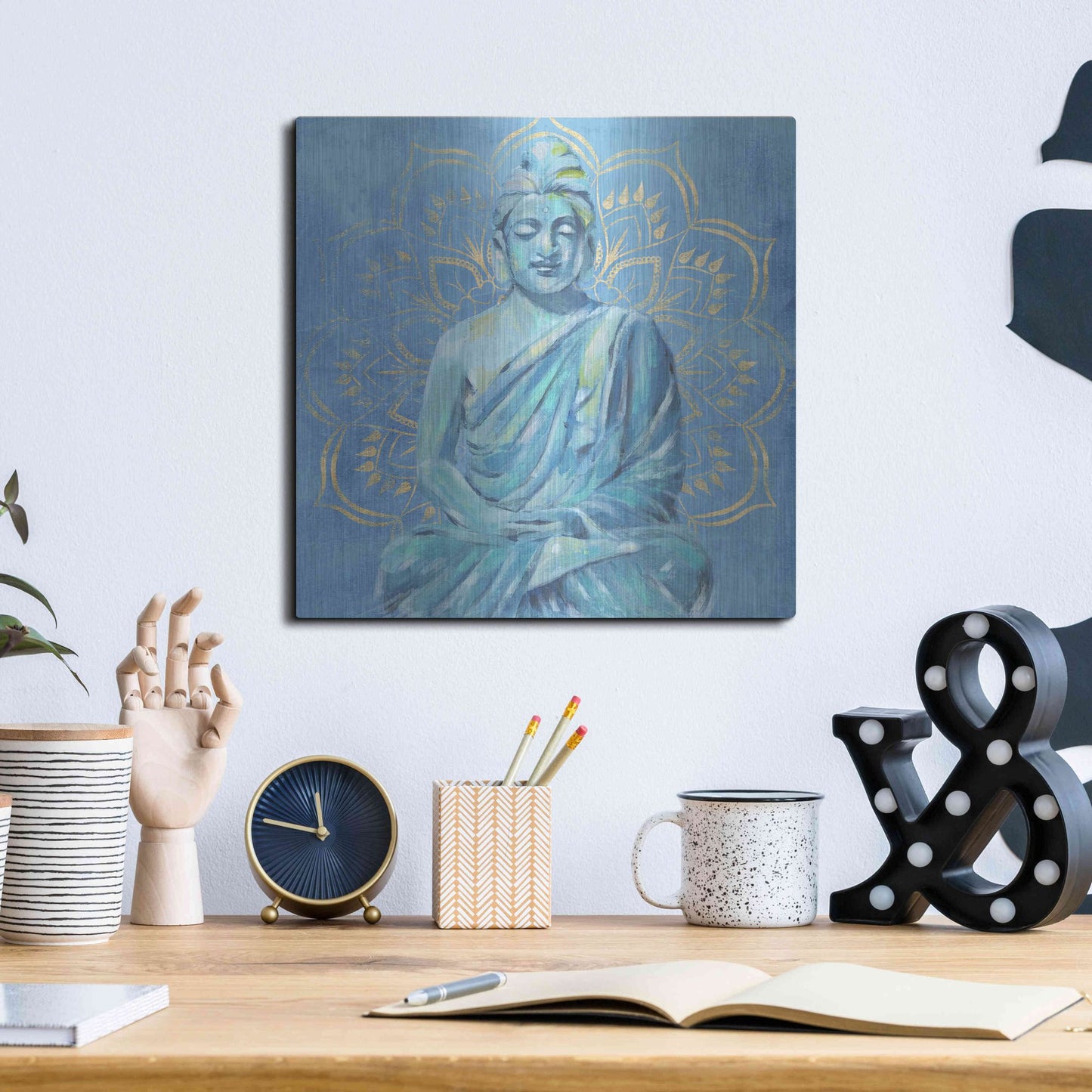 Luxe Metal Art 'Buddha on Blue II' by Annie Warren, Metal Wall Art,12x12