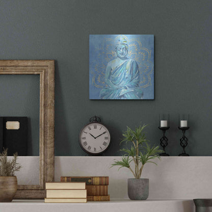 Luxe Metal Art 'Buddha on Blue II' by Annie Warren, Metal Wall Art,12x12