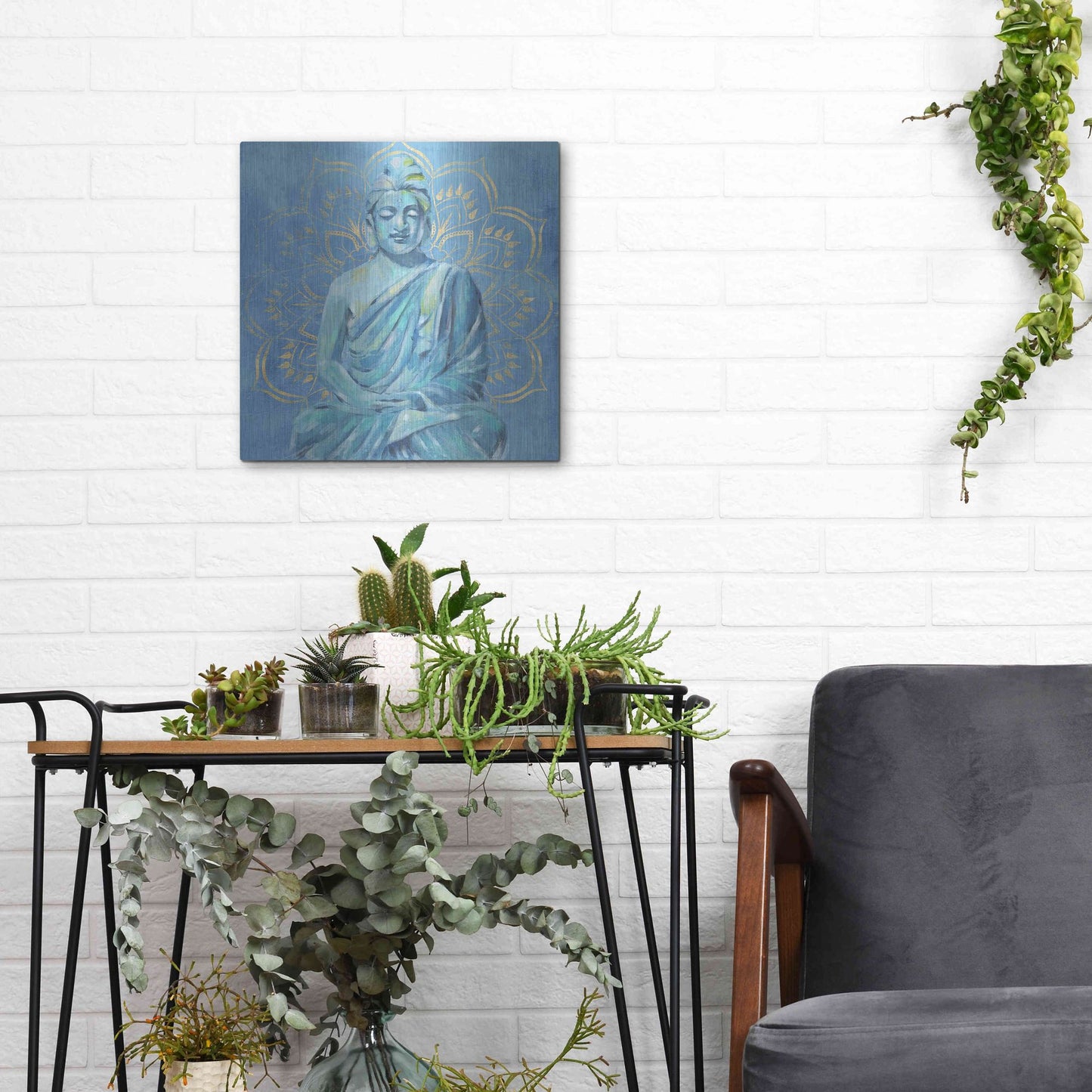 Luxe Metal Art 'Buddha on Blue II' by Annie Warren, Metal Wall Art,12x12