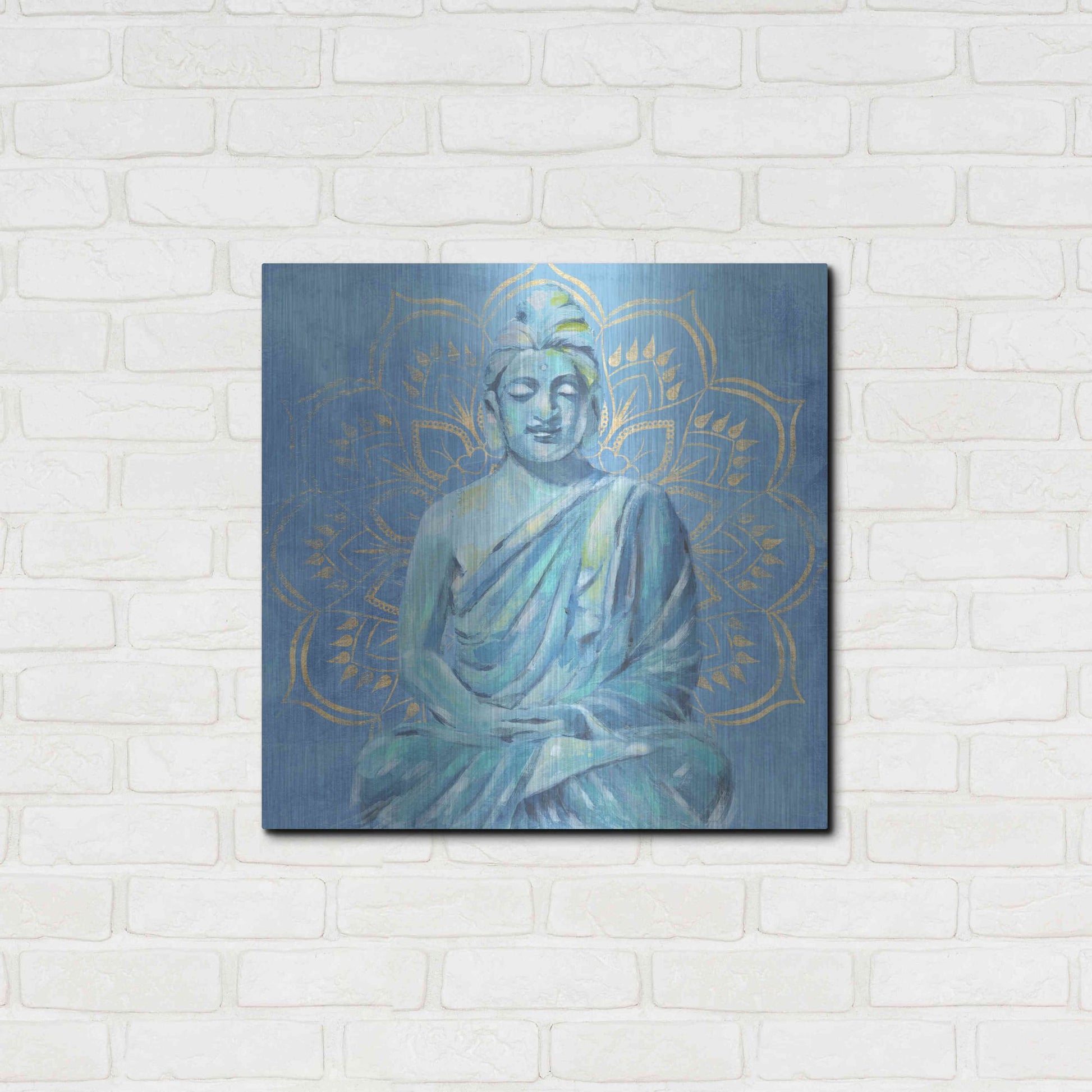 Luxe Metal Art 'Buddha on Blue II' by Annie Warren, Metal Wall Art,24x24