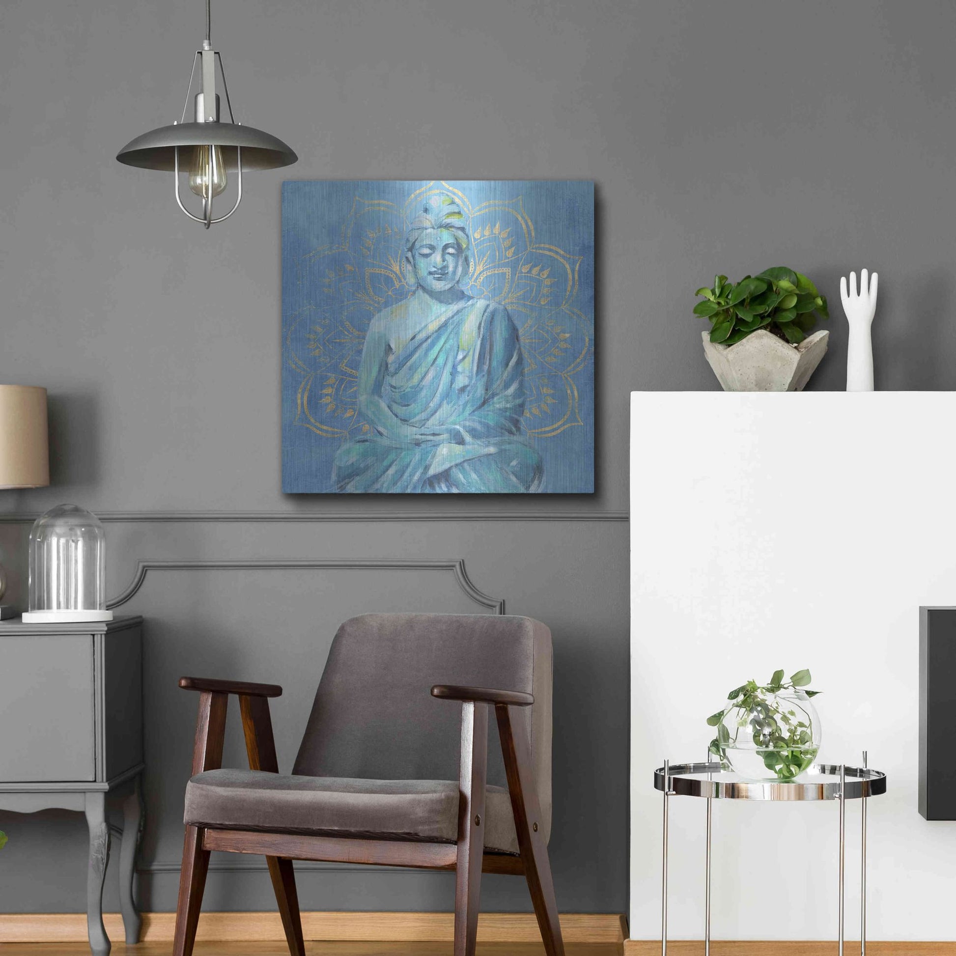 Luxe Metal Art 'Buddha on Blue II' by Annie Warren, Metal Wall Art,24x24