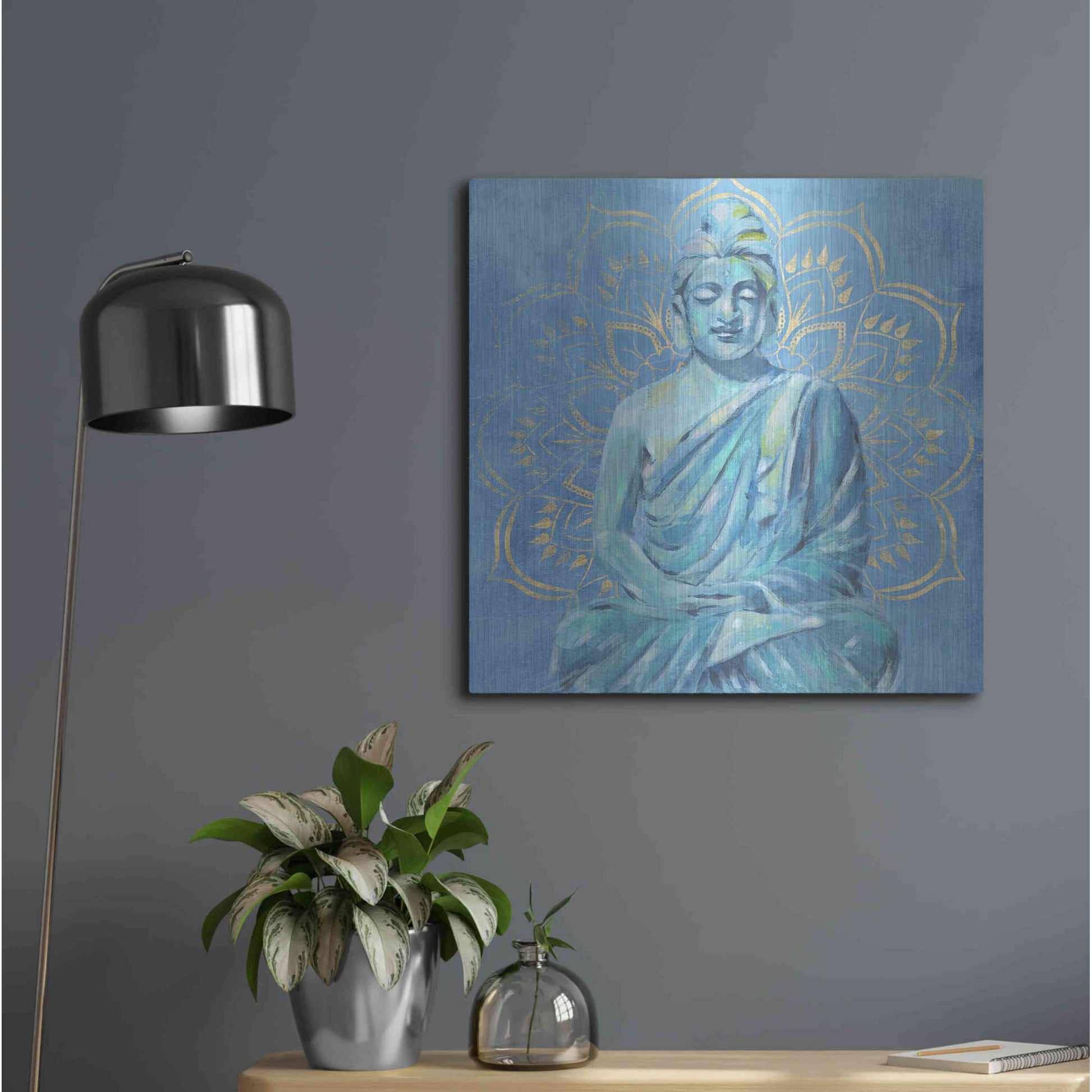 Luxe Metal Art 'Buddha on Blue II' by Annie Warren, Metal Wall Art,24x24