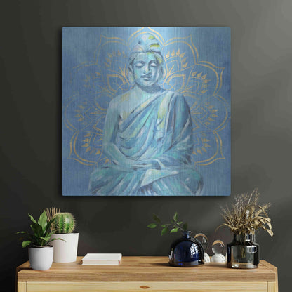 Luxe Metal Art 'Buddha on Blue II' by Annie Warren, Metal Wall Art,24x24