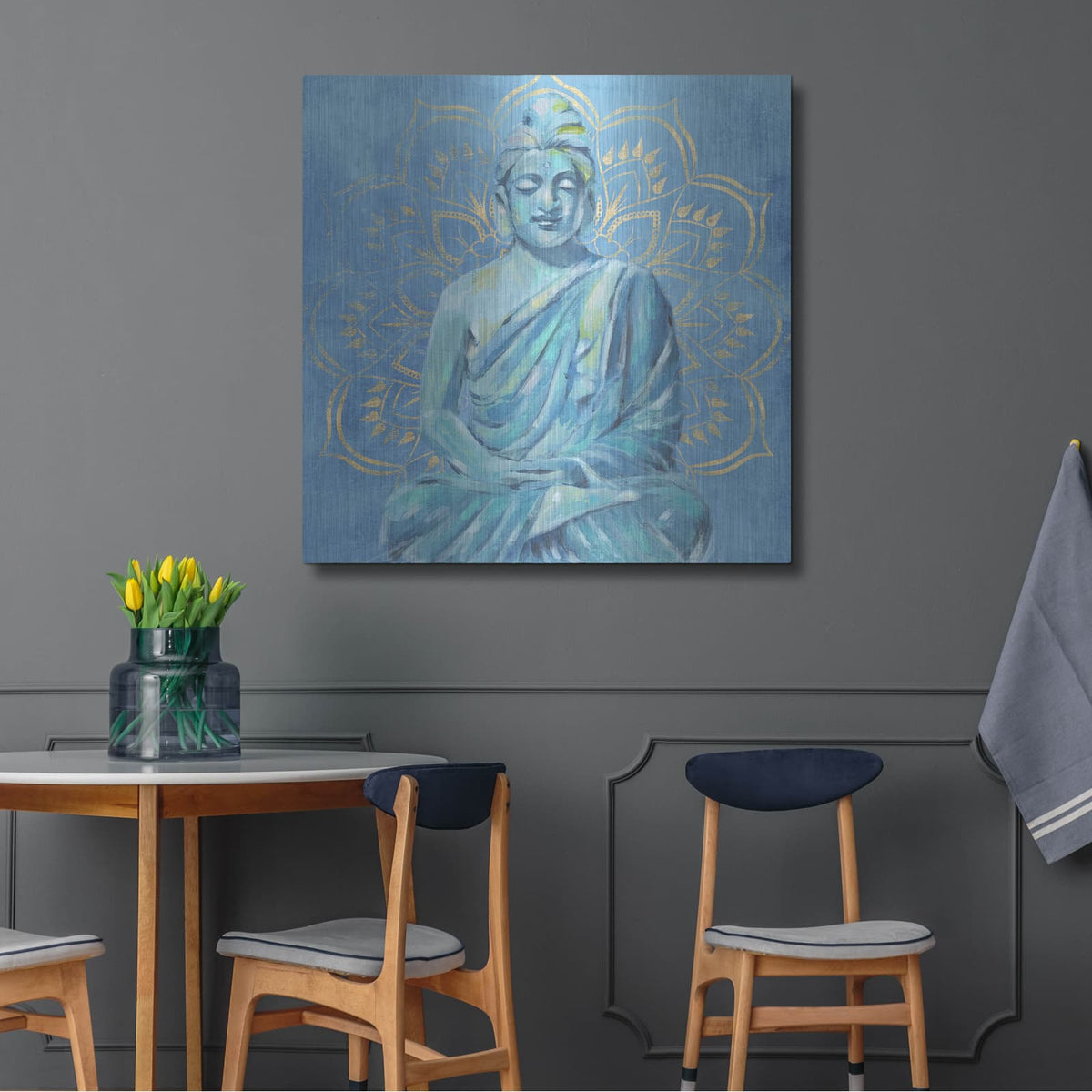 'Buddha on Blue II' by Annie Warren – Metal Wall Art, 36x36 room view