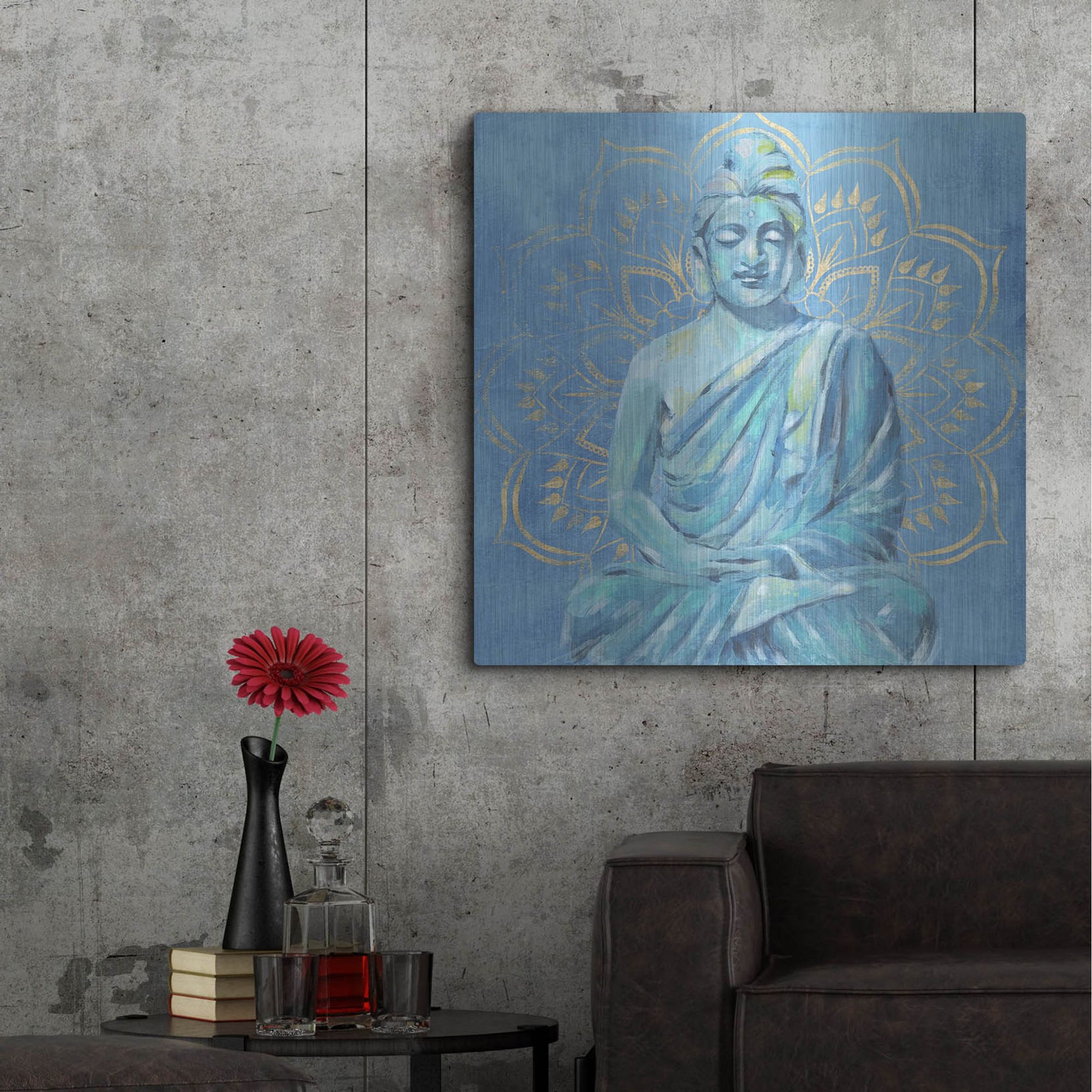 Luxe Metal Art 'Buddha on Blue II' by Annie Warren, Metal Wall Art,36x36