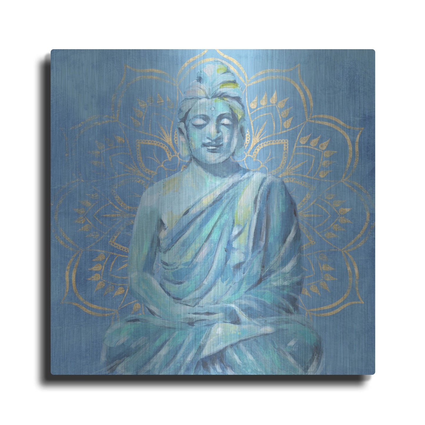 Luxe Metal Art 'Buddha on Blue II' by Annie Warren, Metal Wall Art