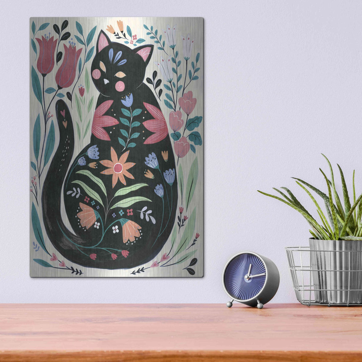 Luxe Metal Art 'Folksy Feline I' by Annie Warren, Metal Wall Art,12x16