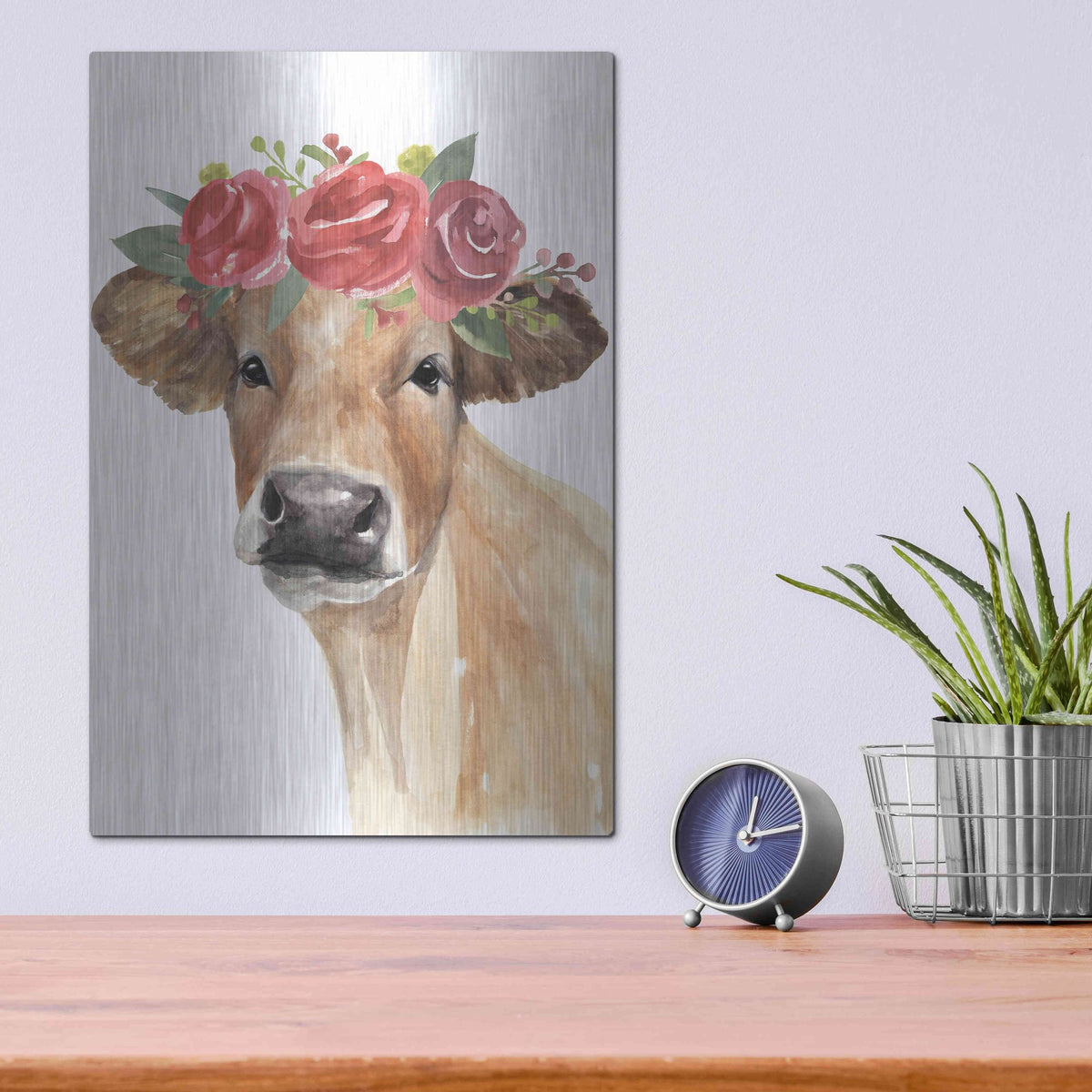 Luxe Metal Art 'Flowered Cow II' by Annie Warren, Metal Wall Art,12x16