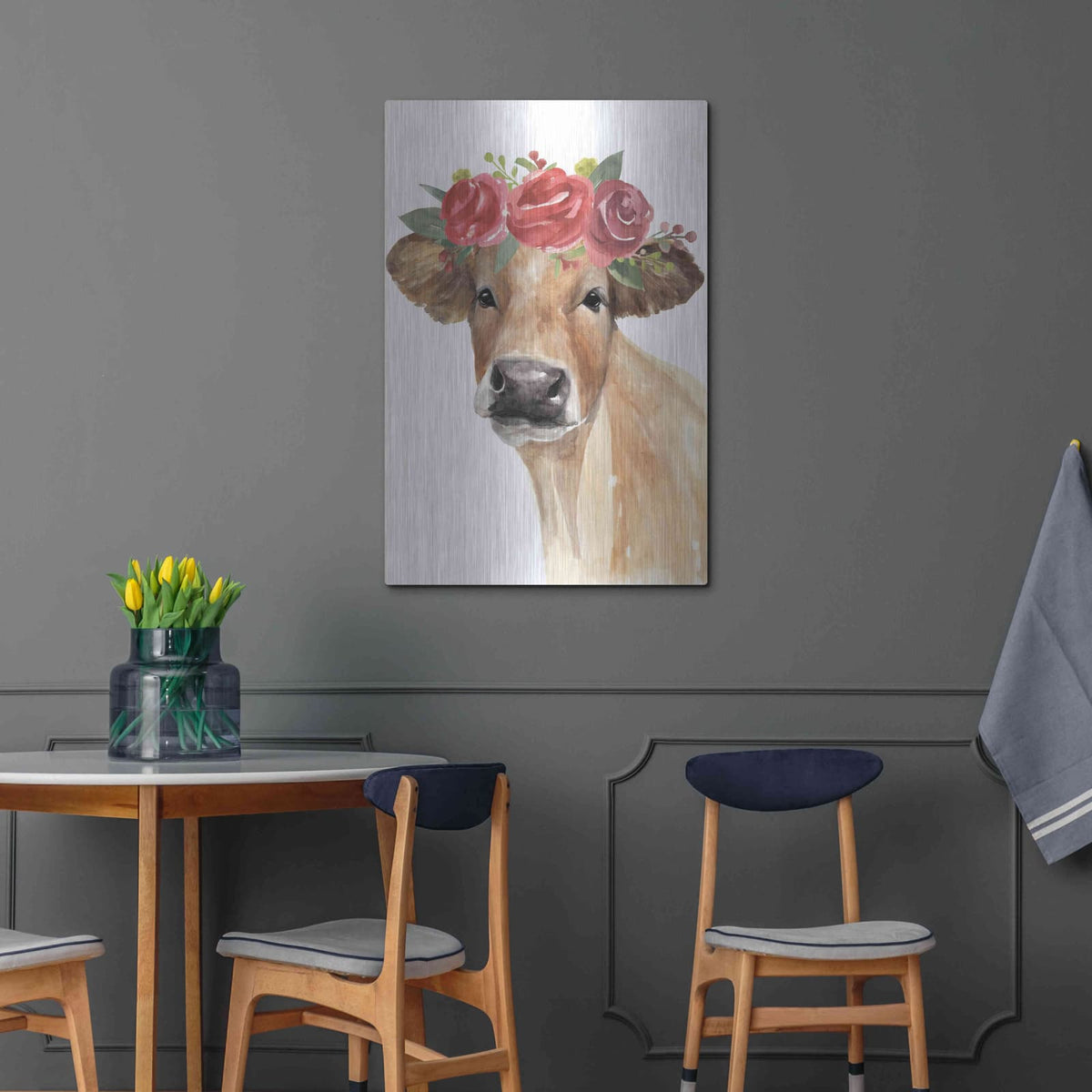 'Flowered Cow II' by Annie Warren – Metal Wall Art, 24x36 room view