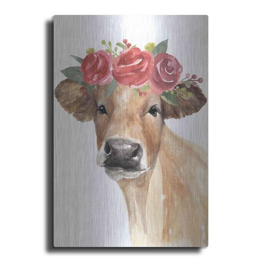 Luxe Metal Art 'Flowered Cow II' by Annie Warren, Metal Wall Art