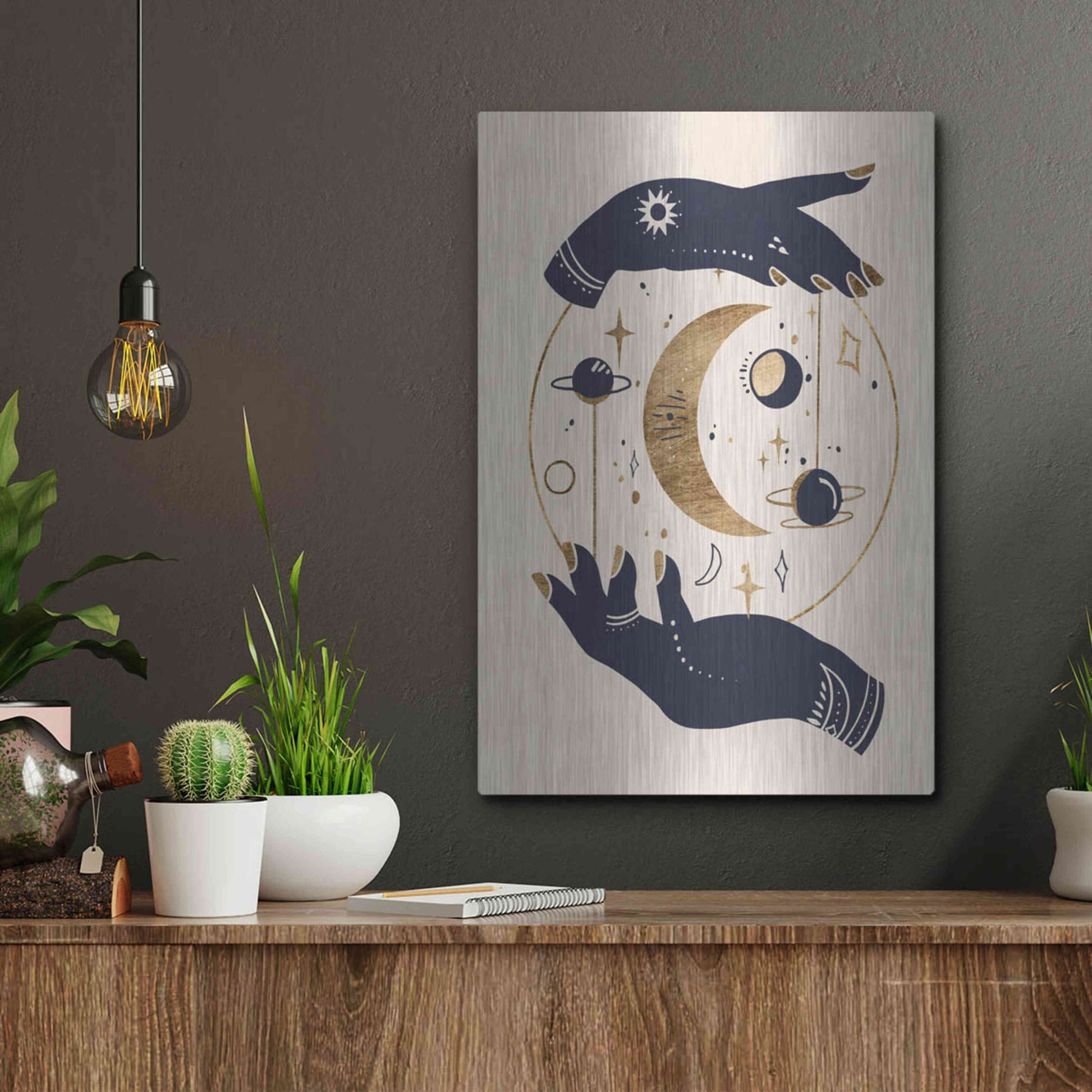 Luxe Metal Art 'Moon Hands I' by Annie Warren, Metal Wall Art,12x16