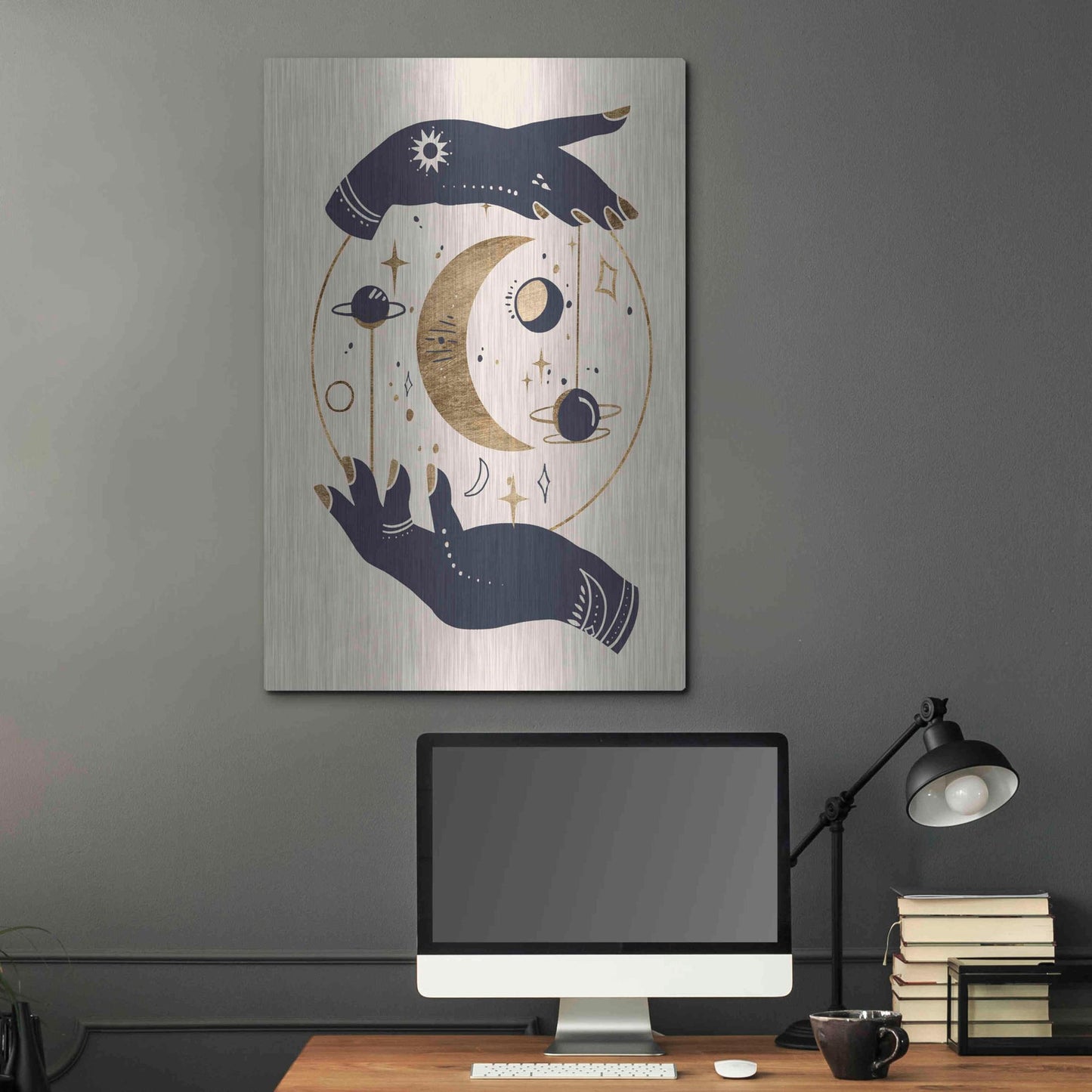 Luxe Metal Art 'Moon Hands I' by Annie Warren, Metal Wall Art,24x36