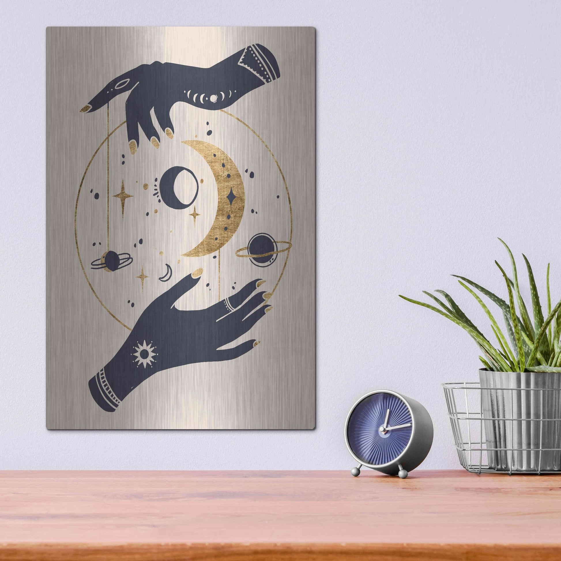 Luxe Metal Art 'Moon Hands II' by Annie Warren, Metal Wall Art,12x16