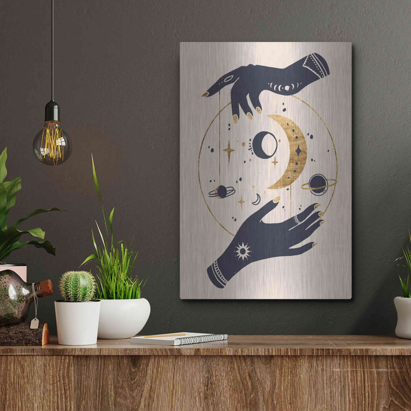 Luxe Metal Art 'Moon Hands II' by Annie Warren, Metal Wall Art,12x16