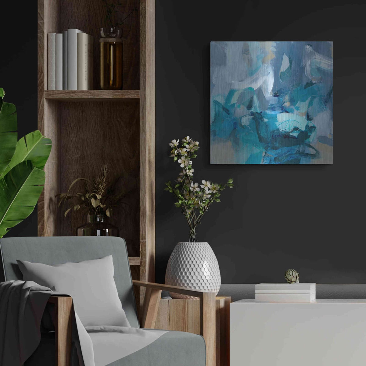'Abstract Blues II' by Christina Long – Metal Wall Art, 24x24 room view
