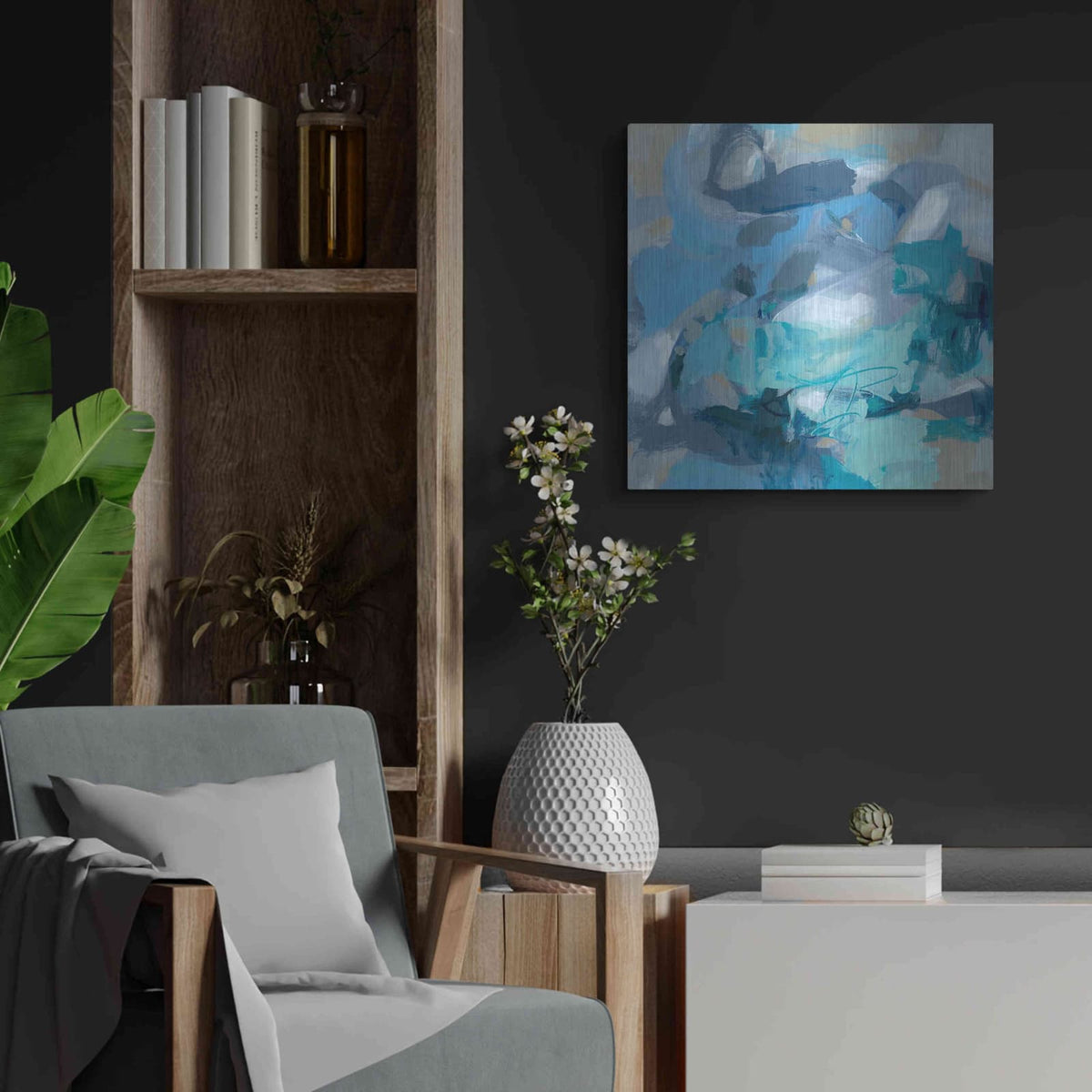 'Abstract Blues I' by Christina Long – Metal Wall Art, 24x24 room view