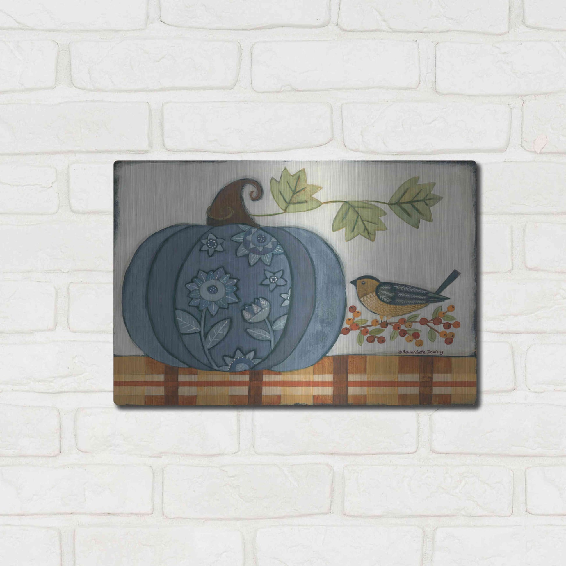 Luxe Metal Art 'Blue Patterned Pumpkin' by Bernadette Deming, Metal Wall Art,16x12