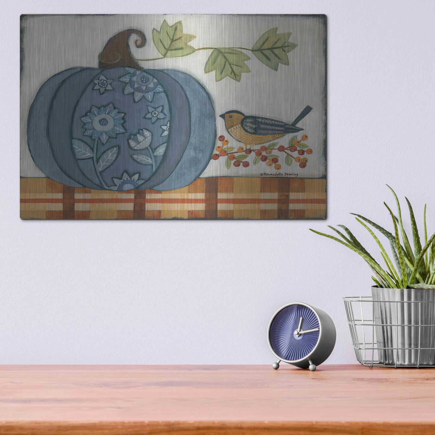 Luxe Metal Art 'Blue Patterned Pumpkin' by Bernadette Deming, Metal Wall Art,16x12